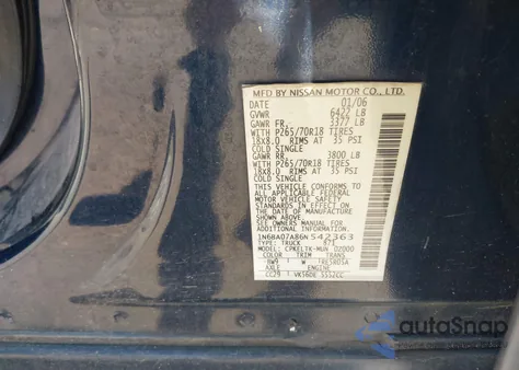 2006 Nissan Titan Se from USA, damaged, VIN 1N6BA07A86N542363